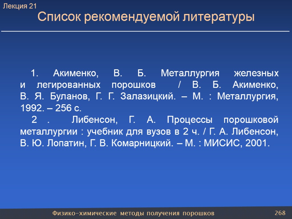 Физико-химические методы получения порошков 268 1. Акименко, В. Б. Металлургия железных и легированных порошков